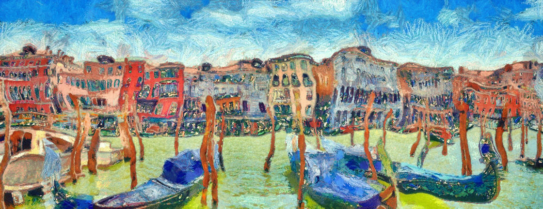 Venetian Grand Canal with gondolas, digital imitation of Van Gogh painting style