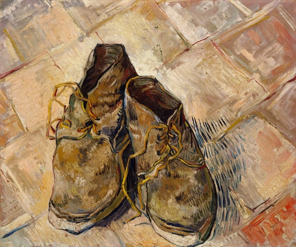 Shoes, by Vincent Van Gogh, 1888, Dutch Post-Impressionist, oil on canvas. These worn shoes were painted on the red-tile floor of the Yellow House, his home and studio in Arles  (BSLOC_2017_5_39)